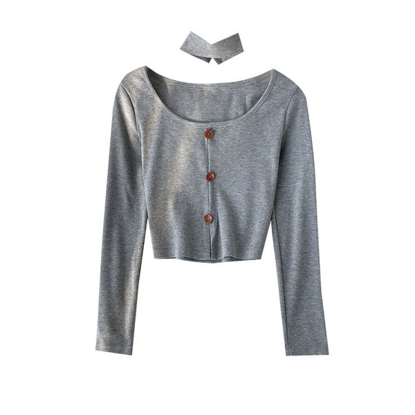 Bluză scurtă de damă modernă cu nasturi și decolteu oval în roșu, gri și alb-negru