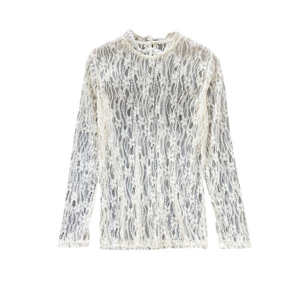 Bluză de damă modernă din dantelă cu mâneci lungi în alb, negru și bej