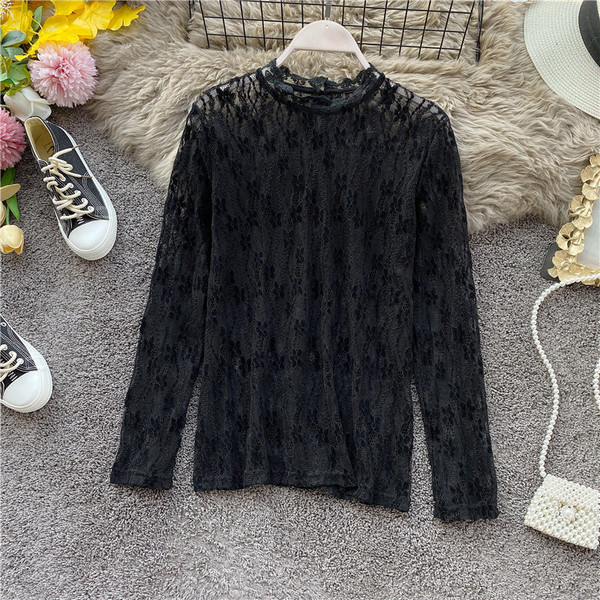 Bluză de damă modernă din dantelă cu mâneci lungi în alb, negru și bej