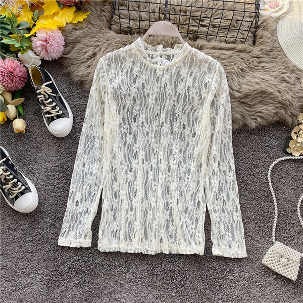 Bluză de damă modernă din dantelă cu mâneci lungi în alb, negru și bej