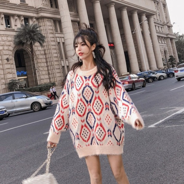 Pulover de dama modern cu decolteu rotund si model in albastru si roz