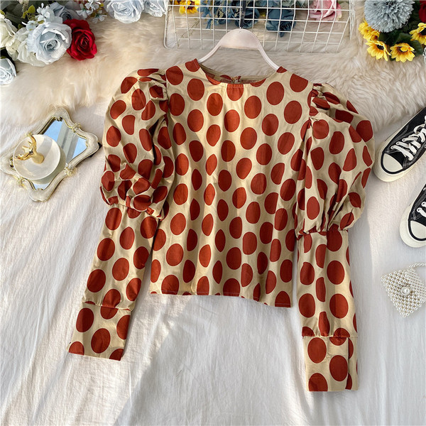 Bluză de damă modernă cu decolteu oval și mâneci bufante în două culori