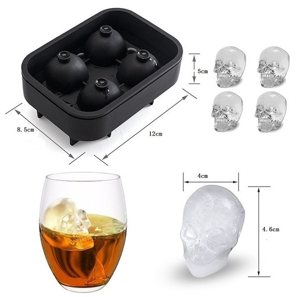 Силиконова форма за четири броя лед в черен цвят - Череп