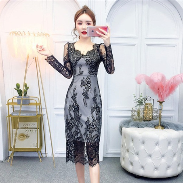 Rochie de dama eleganta model nou din dantela cu decolteu spitz alb-negru