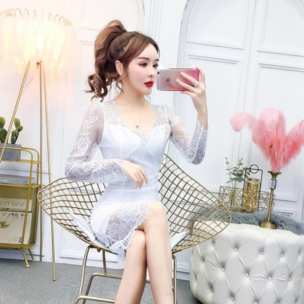 Rochie de dama eleganta model nou din dantela cu decolteu spitz alb-negru