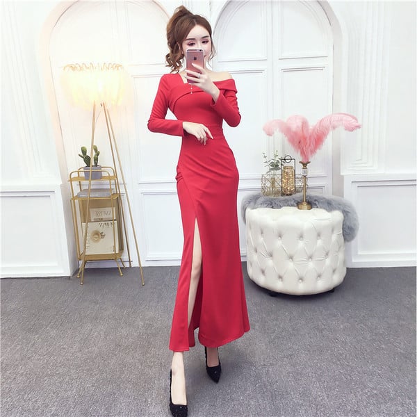 Rochie elegantă de damă, cu umăr gol și fante în mov, albastru și roșu