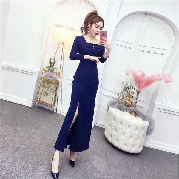 Rochie elegantă de damă, cu umăr gol și fante în mov, albastru și roșu