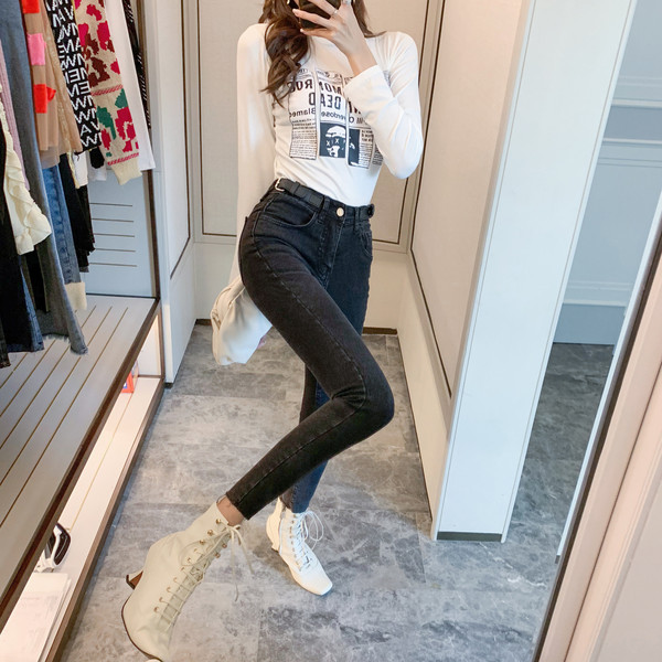 Blugi dama - model slim cu talie inalta de culoare neagra cu curea