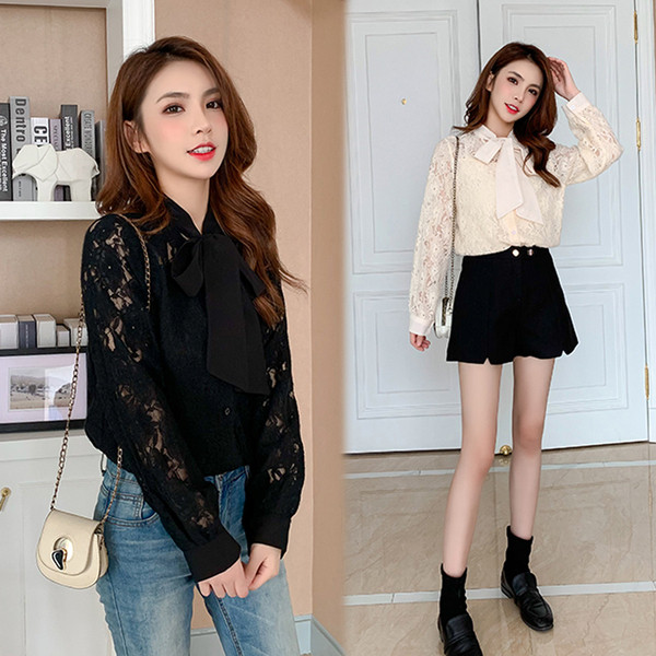 Cămașă modernă de damă din dantelă cu nasturi și cravate