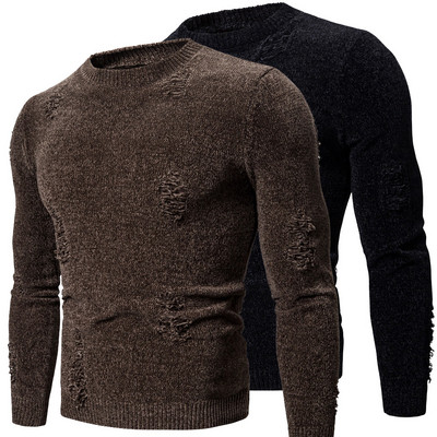 Модерен мъжки пуловер с О-образно деколте и разкъсани мотиви в кафяв и черен цвят 