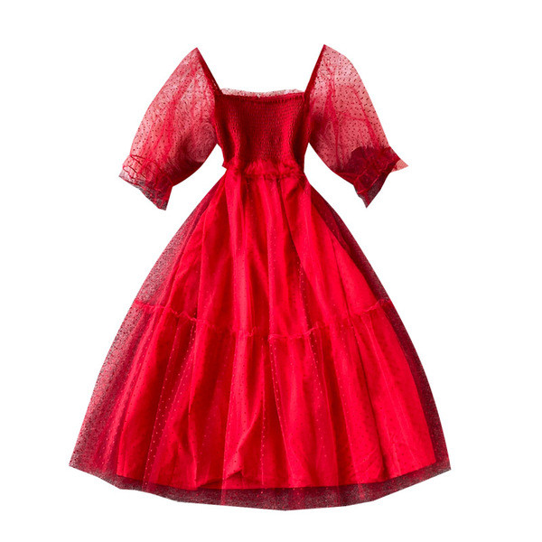 Rochie modernă de damă cu mâneci scurte din tul de culoare roșie