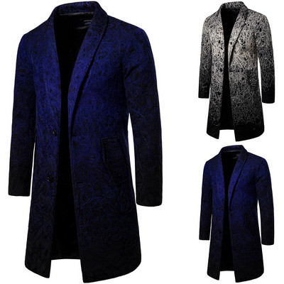 Елегантно мъжко дълго палто с копчета и джобове в син и черен цвят 