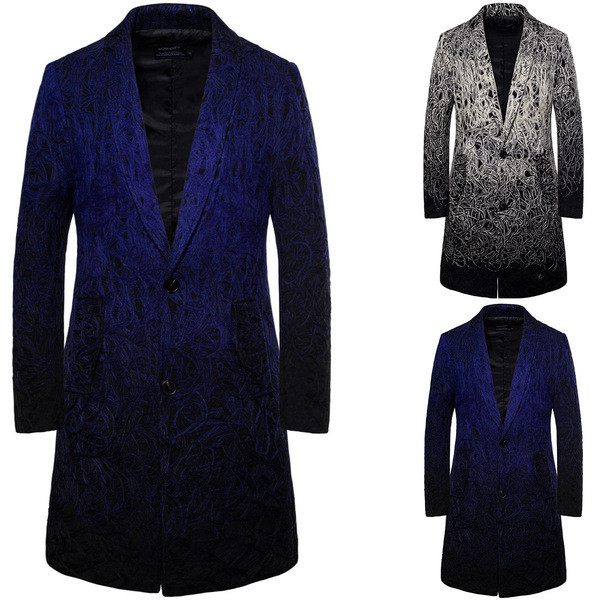 Palton lung barbatesc elegant cu nasturi si buzunare in albastru si negru