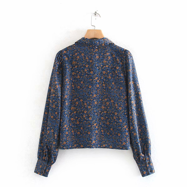 Camasa de dama toamna-iarna cu guler clasic si nasturi cu imprimeu albastru si floral