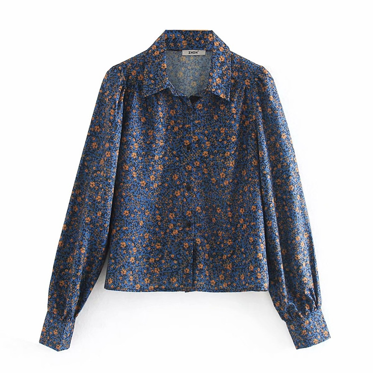 Camasa de dama toamna-iarna cu guler clasic si nasturi cu imprimeu albastru si floral