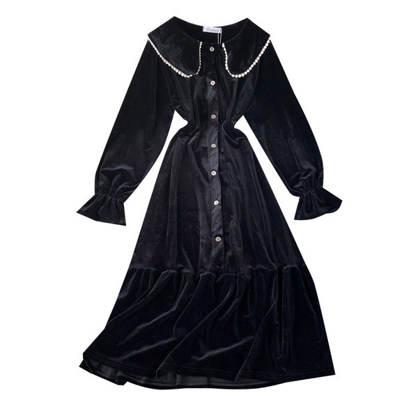 Rochie de dama din catifea in stil retro cu nasturi in negru