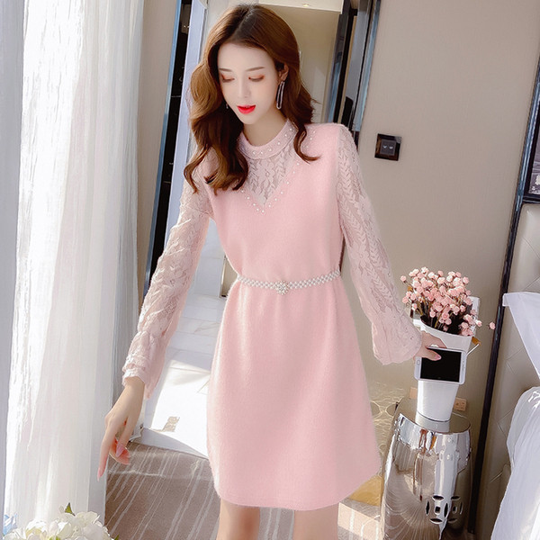 Rochie de iarna de dama cu maneci din dantela si element sidefat in alb si roz