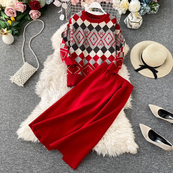 Set tricotat pentru femei modern din două părți cu model de culoare în patru culori