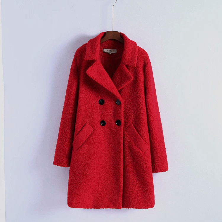 Palton lung cald toamna-iarna model drept cu nasturi in rosu si bej