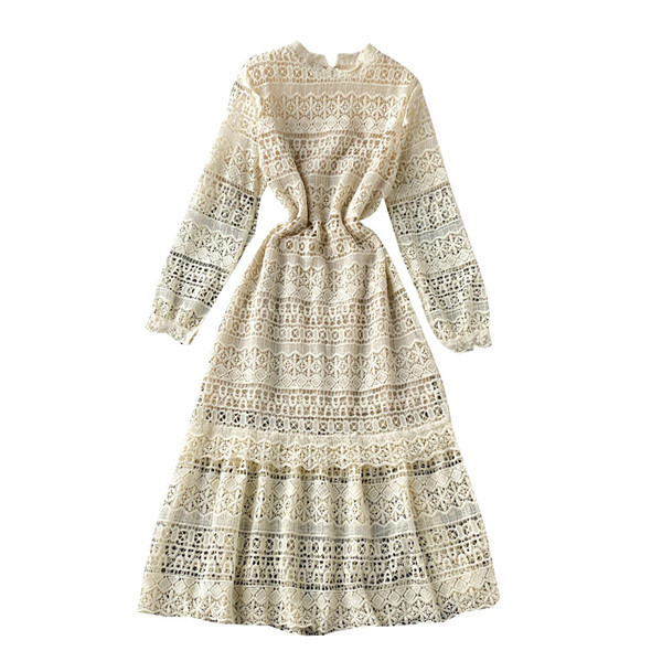 Rochie moderna de dama lunga cu dantela si guler inalt in patru culori