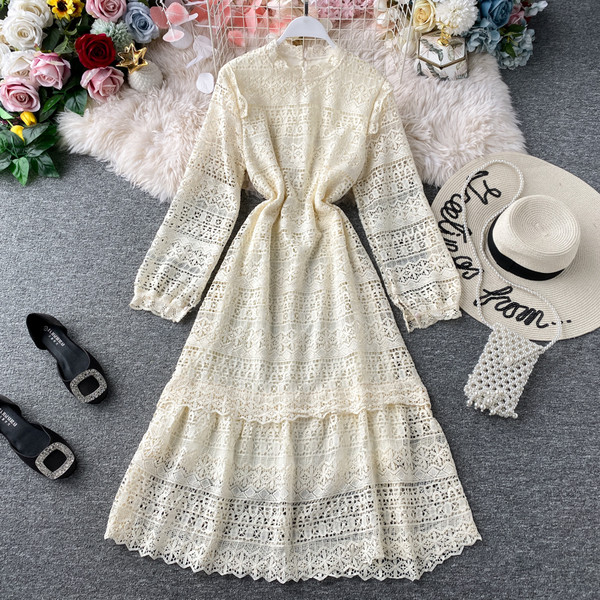 Rochie moderna de dama lunga cu dantela si guler inalt in patru culori