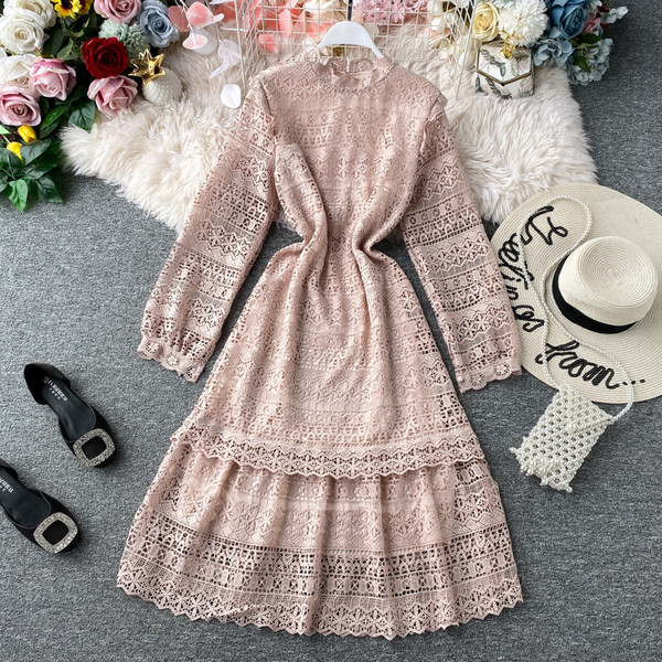 Rochie moderna de dama lunga cu dantela si guler inalt in patru culori