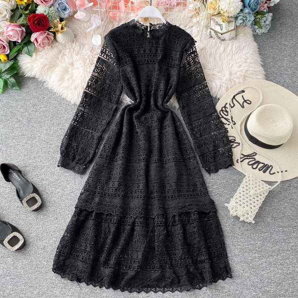 Rochie moderna de dama lunga cu dantela si guler inalt in patru culori