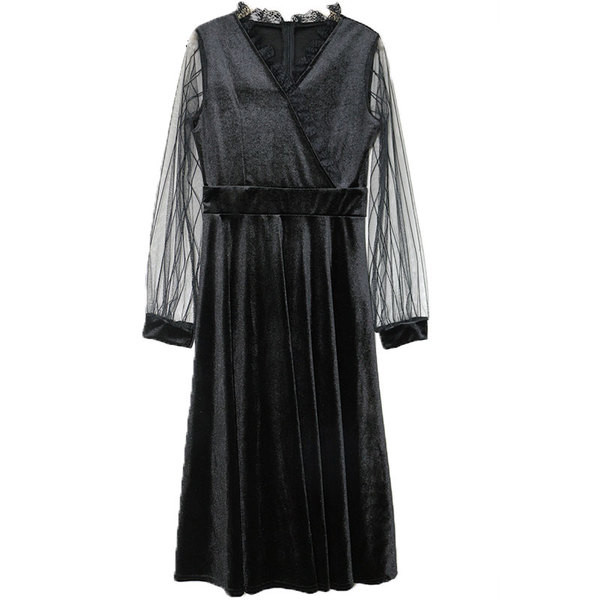 Rochie formală de damă cu decolteu spitz și mâneci cu sigiliu în negru