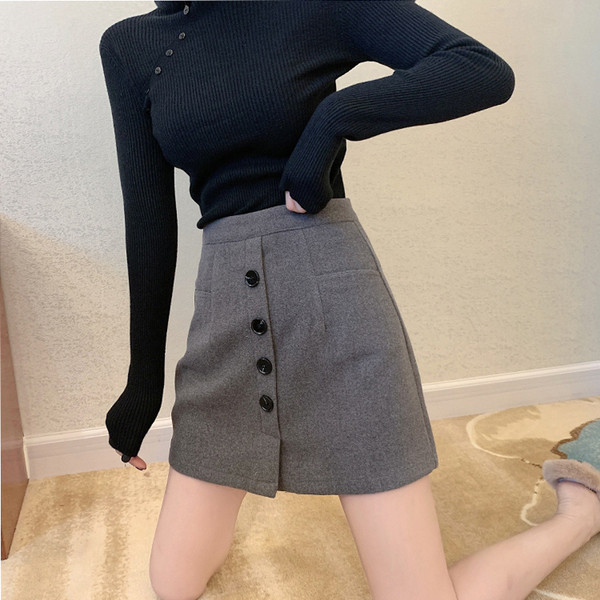 Fusta de dama model nou cu nasturi si crapa - talie inalta in culorile gri, bej si negru