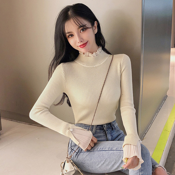 Pulover de dama cu tul si perle pe maneca in mai multe culori