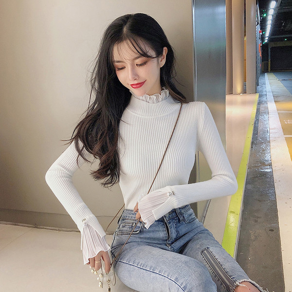 Pulover de dama cu tul si perle pe maneca in mai multe culori