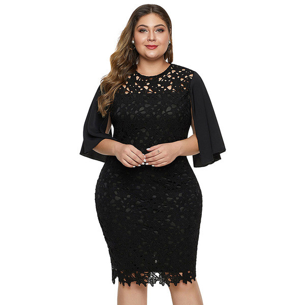 Rochie de seara scurta dama marime mare cu dantela si maneci 3/4 in albastru si negru
