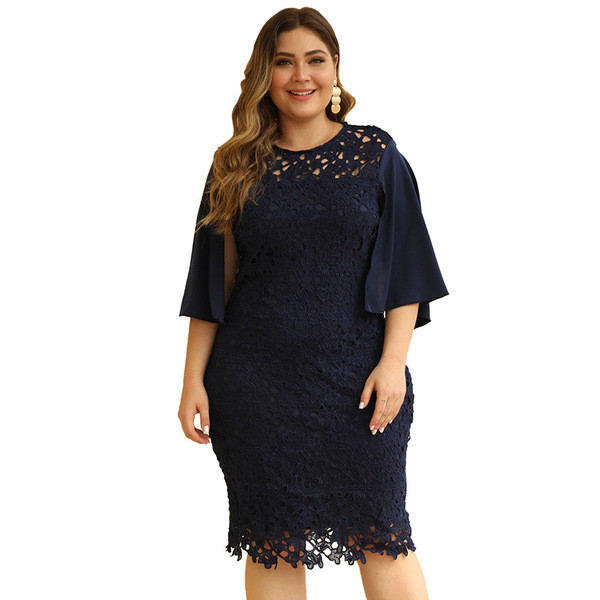 Rochie de seara scurta dama marime mare cu dantela si maneci 3/4 in albastru si negru