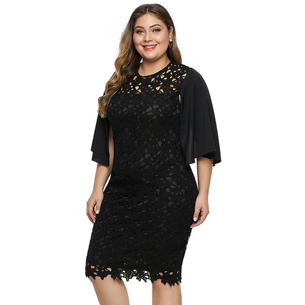 Rochie de seara scurta dama marime mare cu dantela si maneci 3/4 in albastru si negru