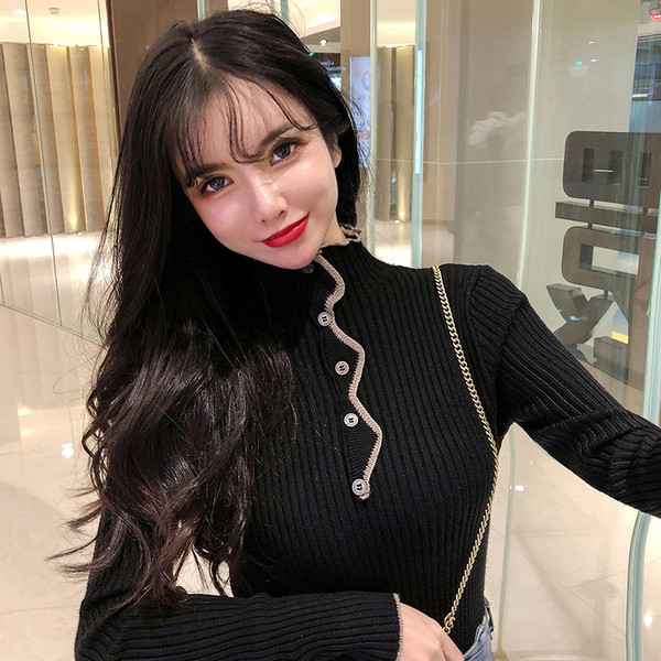 Pulover de dama cu guler inalt si nasturi in negru, alb, bej si verde