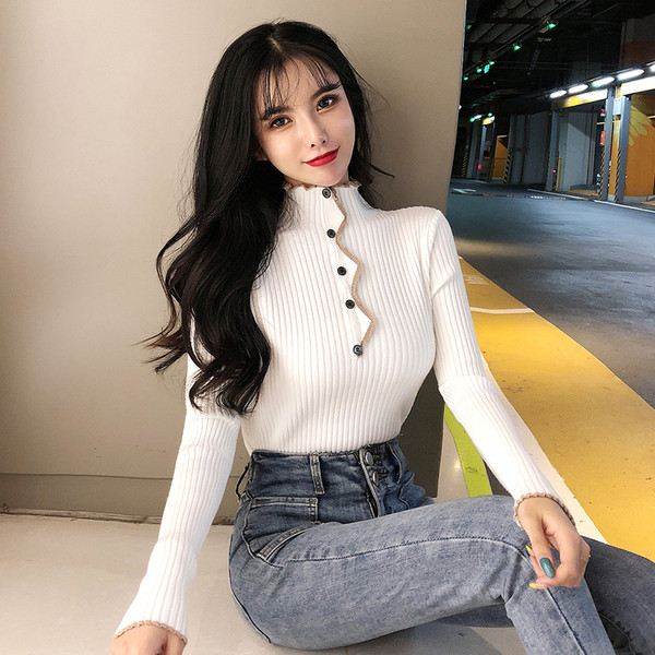 Pulover de dama cu guler inalt si nasturi in negru, alb, bej si verde