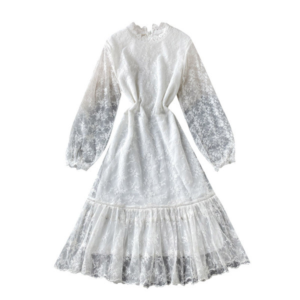 Rochie de dama eleganta din dantela cu broderie si guler inalt in doua culori