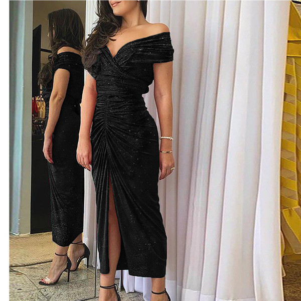 Rochie lungă de seară de damă cu mâneci scurte și cu fantă în negru și verde