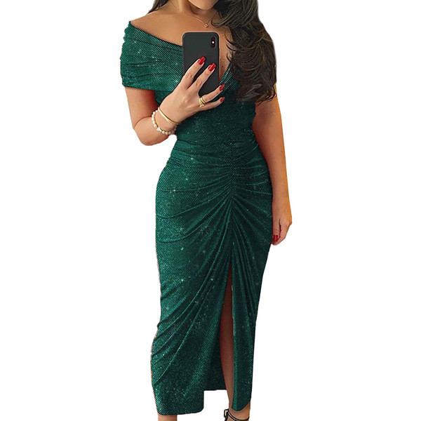 Rochie lungă de seară de damă cu mâneci scurte și cu fantă în negru și verde