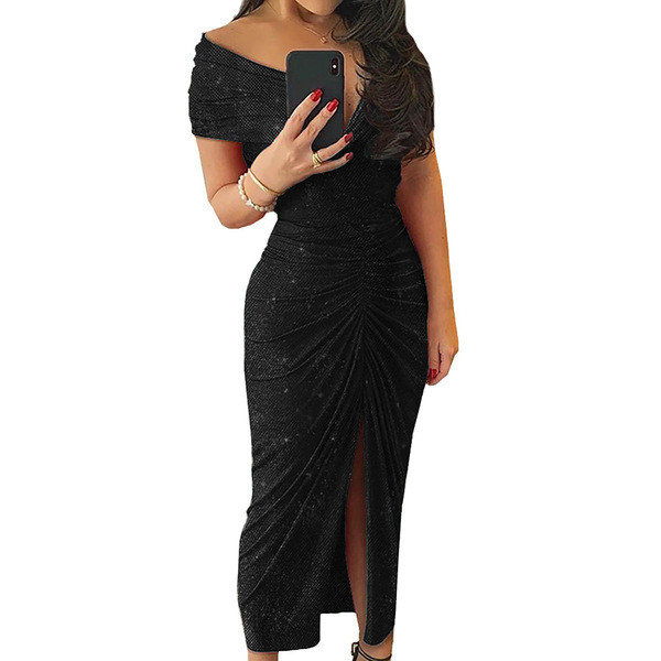 Rochie lungă de seară de damă cu mâneci scurte și cu fantă în negru și verde