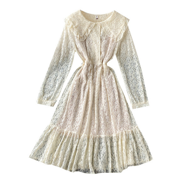 Rochie de dama moderna din dantela cu model decupat nasturi in alb si bej