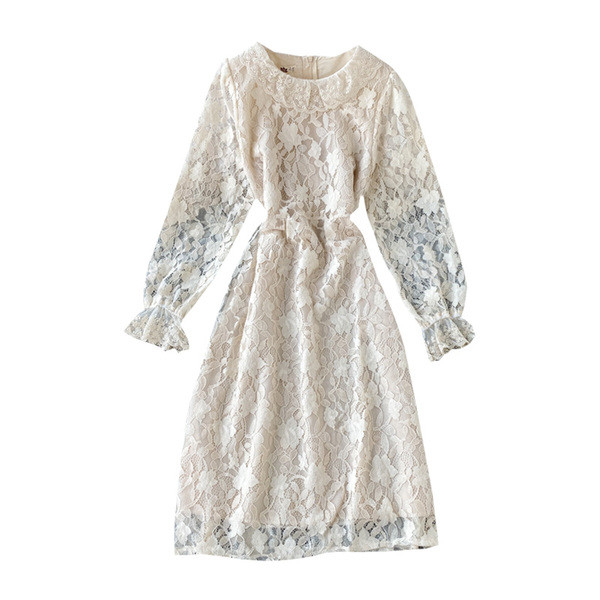 Rochie de dama din dantela cu broderie si maneci lungi in negru si bej