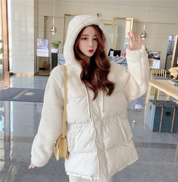 Geaca lunga de iarna model drept alb cu gluga