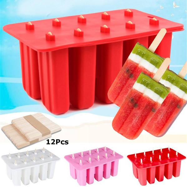 Силиконова форма за десет домашни сладоледа с капак и 10 дървени клечки в розов, червен и бял цвят