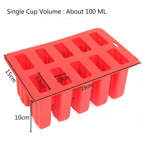 Formă din silicon pentru zece înghețate de casă cu capac și 10 bețișoare de lemn roz, roșu și alb