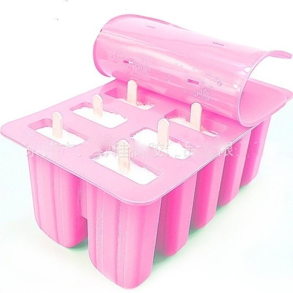 Formă din silicon pentru zece înghețate de casă cu capac și 10 bețișoare de lemn roz, roșu și alb