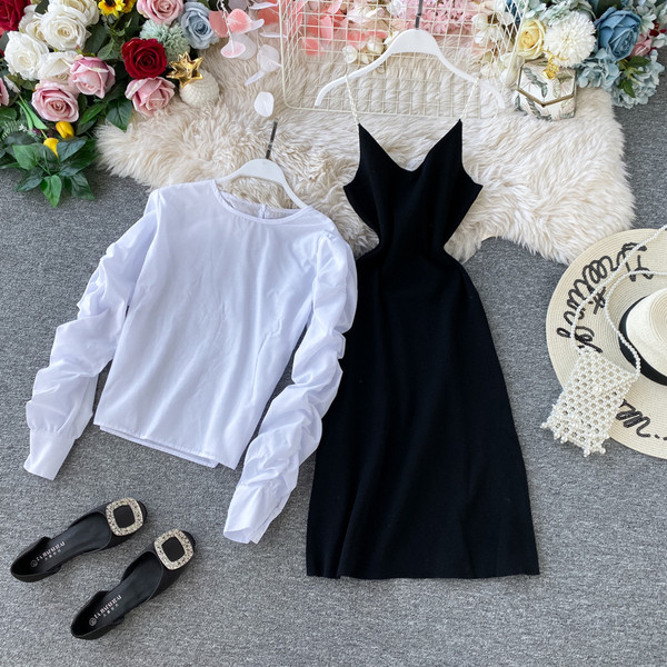 Set de rochie de dama modern cu bretele subtiri si bluza cu decolteu oval