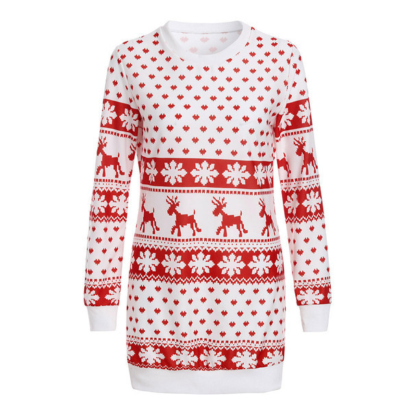 Pulover rochie de dama de Craciun cu maneca lunga in alb