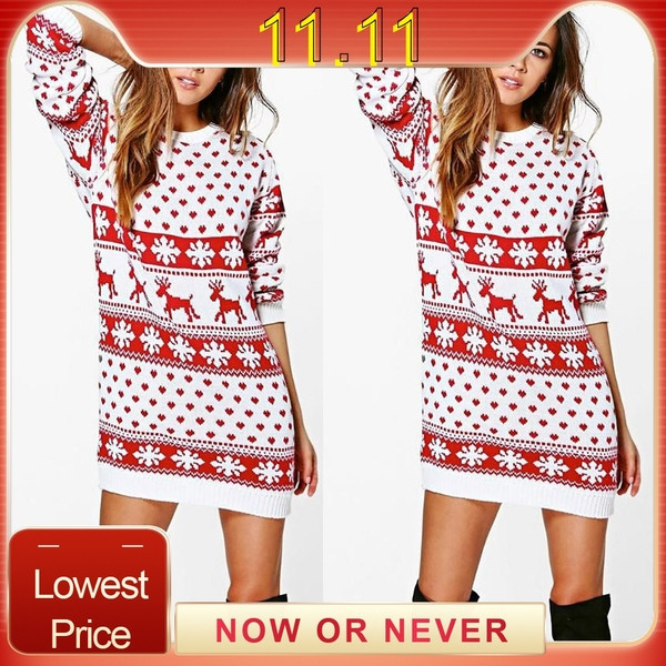 Pulover rochie de dama de Craciun cu maneca lunga in alb