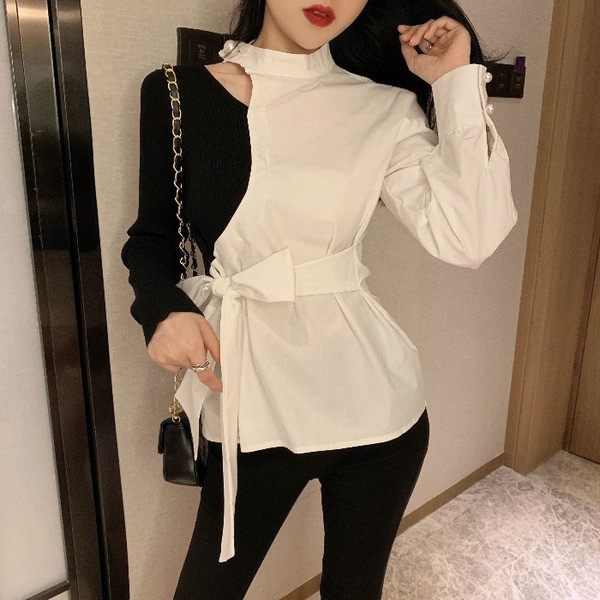 Cămașă de damă cu curea și părți decupate alb-negru